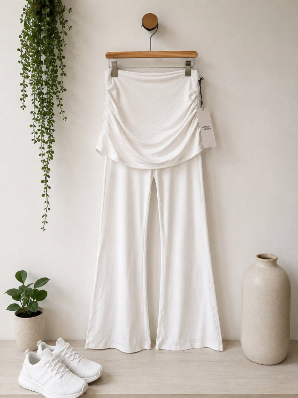 Girlfriend Collective White Wide Leg Yoga Pants XL Ruched Skirt Overlay NWT